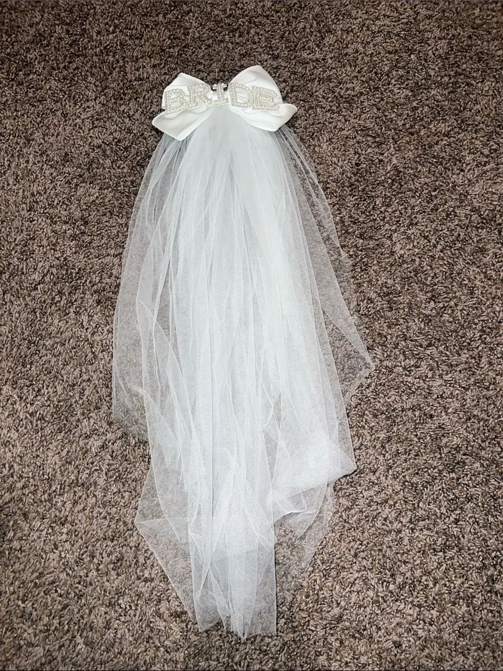 White Bridal Veil Hair Bow with Rhinestone 'BRIDE' Accent
